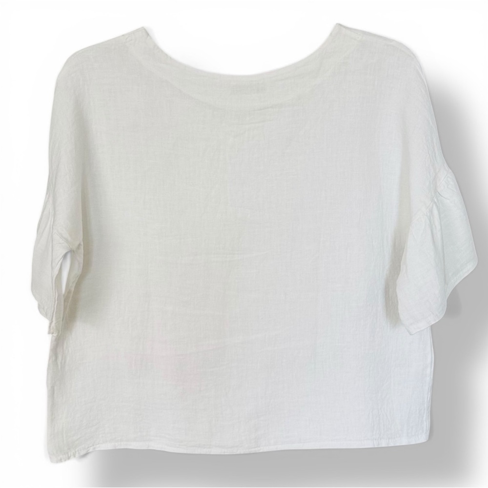 Viola Borghi Size Large White 100% Linen Top Short Ruffled Sleeves - Picture 3 of 5